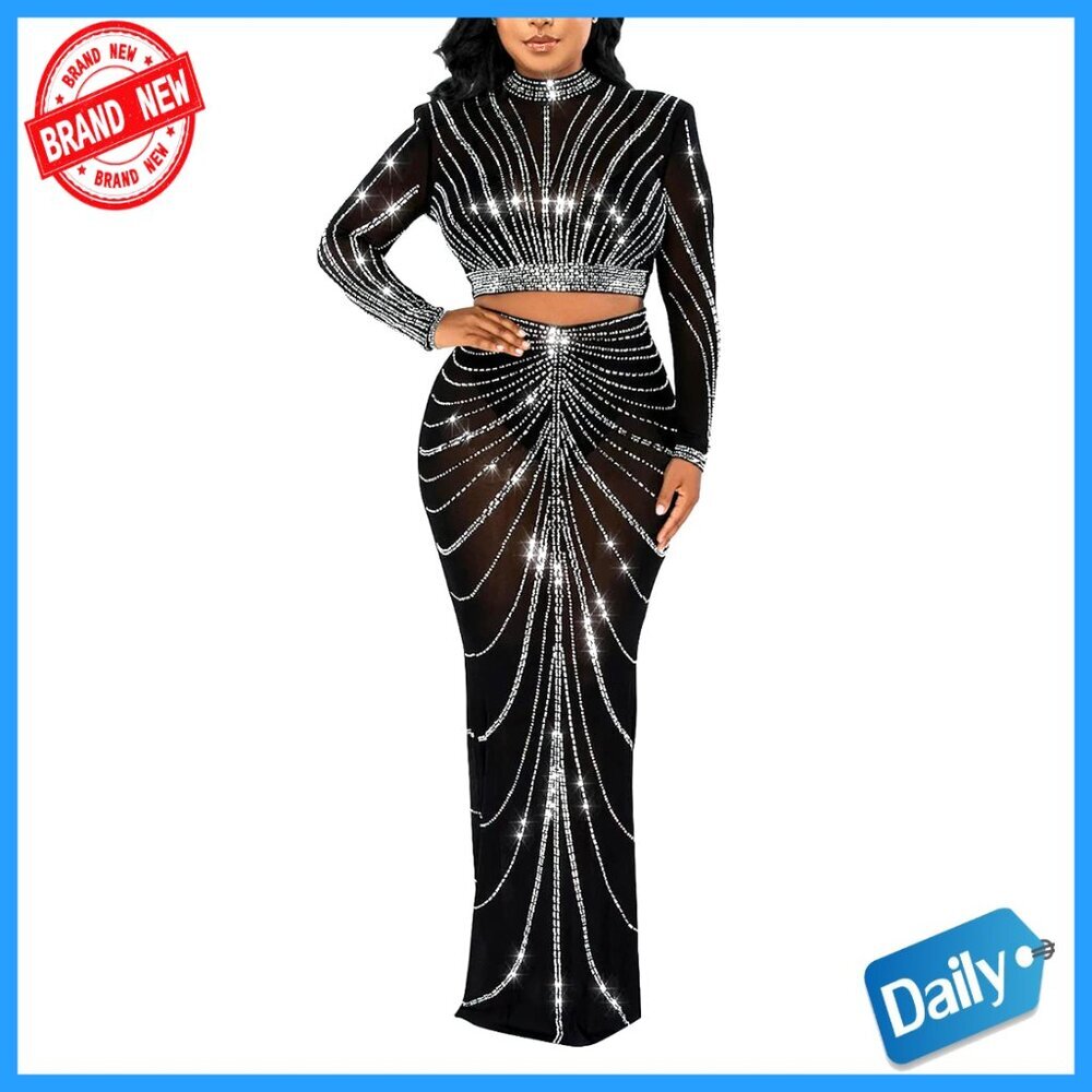 Mesh Rhinestone Bodycon Dress Elegant Evening Party Club Night Y2K Chic
